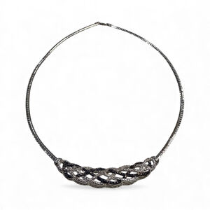 Rhinestone Costume Necklace Silver Tone Braided Detail 18”
